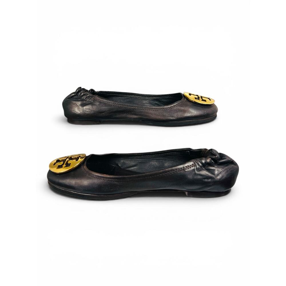 Tory Burch Minnie Travel Ballet Flats Brown Leather Gold Logo Medallion Size 6.5 - Picture 7 of 9